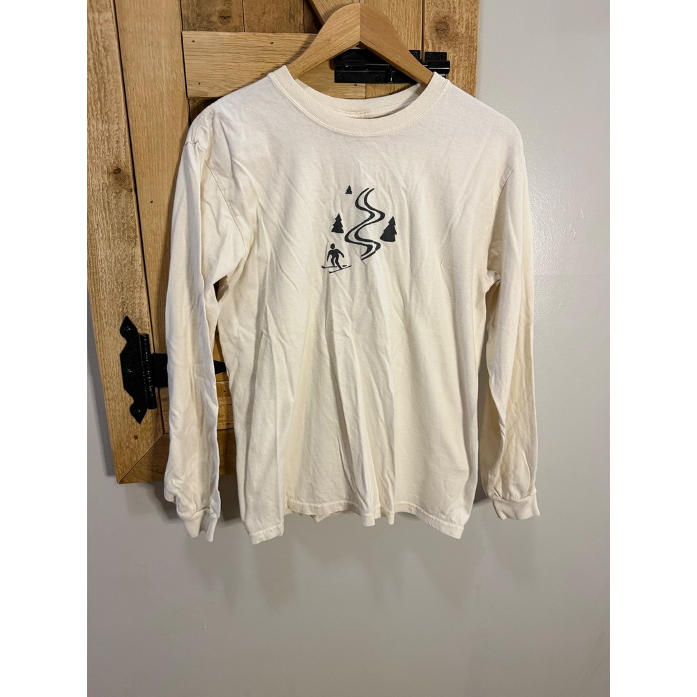 Anvil Ski Taos Long Sleeve Graphic Tee Mens Medium Cream Cotton Skier T-Shirt